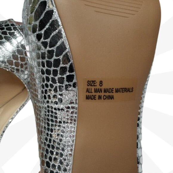 Charlotte Russe Silver Open Toe Faux Snakeskin Platform Stiletto Heels Size 8 - Picture 6 of 7